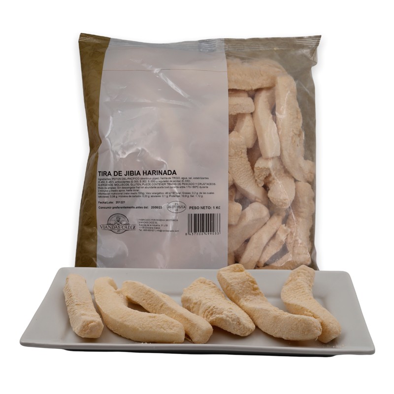 Tira de jibia harinada caja 3 kg.