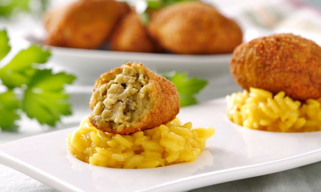 Risotto al azafrán con croquetas de ortiguillas
